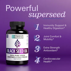 ZHOU Black Seed Oil Capsules label detail emphasizing purity and unrefined extraction.