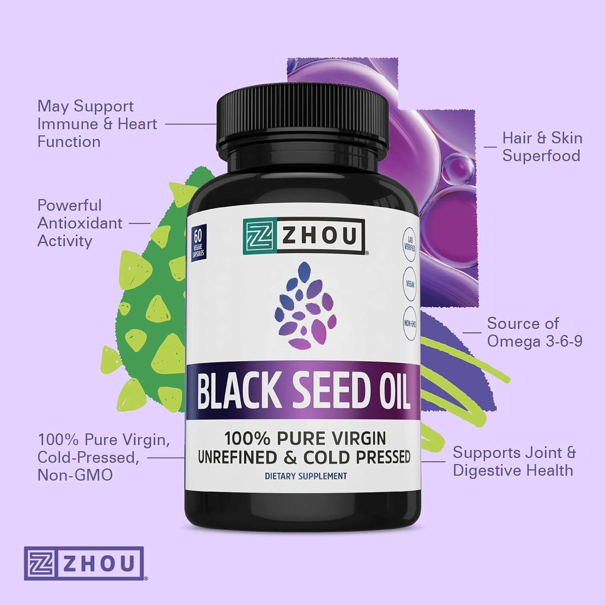 ZHOU Black Seed Oil Capsules packaging box showcasing premium wellness supplement.