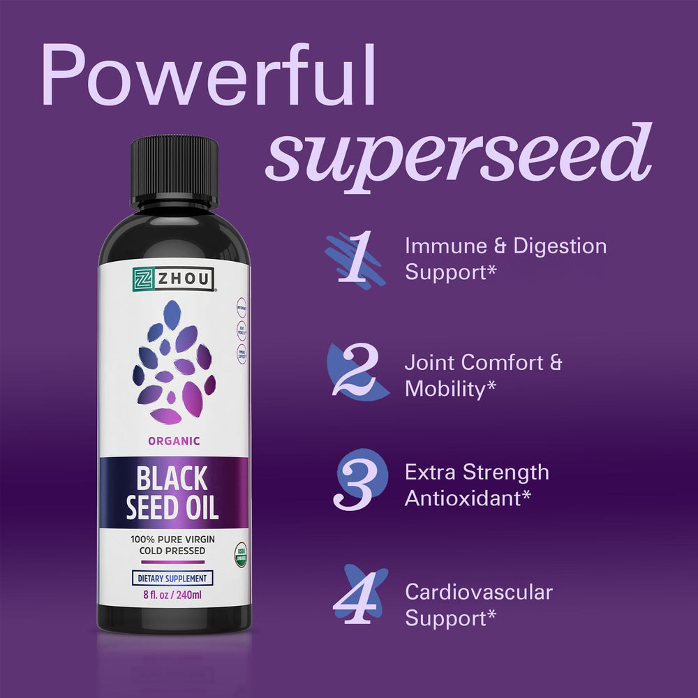 ZHOU Black Seed Oil liquid shows rich golden hue for daily supplementation.