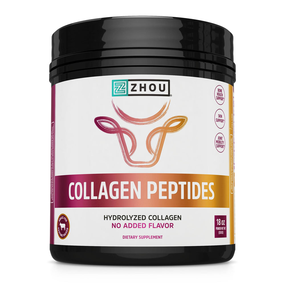 Zhou Collagen Peptides bottle label close-up showing grass-fed sourcing and purity.