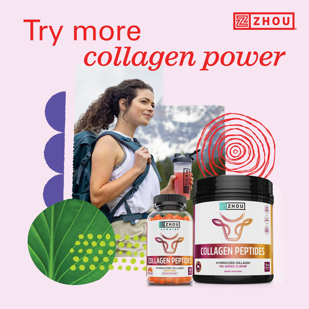 Zhou Collagen Peptides jar on kitchen shelf, paleo and keto friendly.