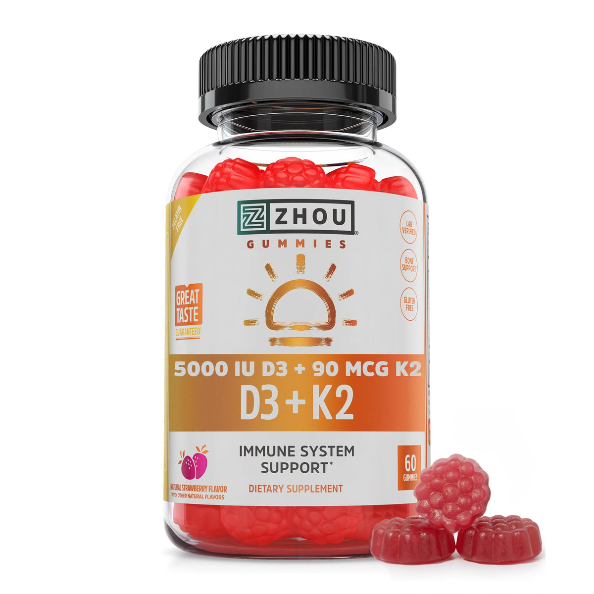 ZHOU D3+K2 gummies bottle on kitchen counter for daily immune and bone support.