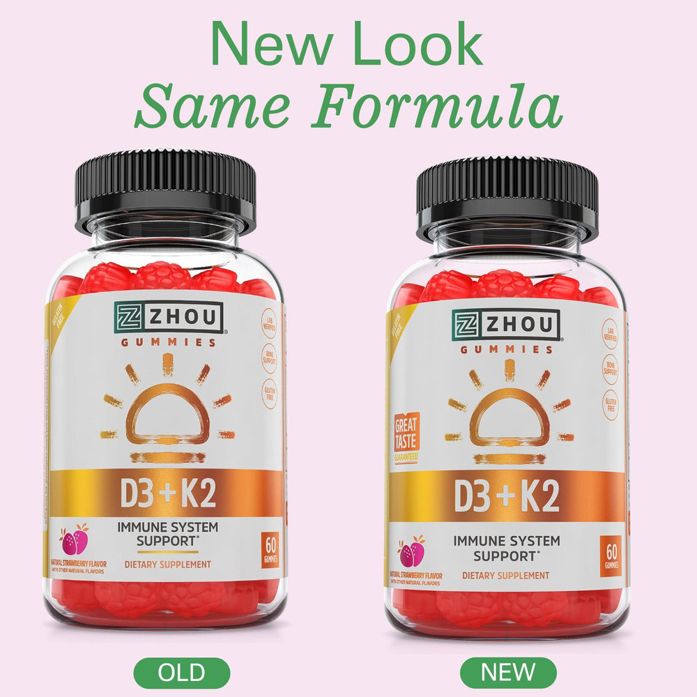 Front view of Zhou D3+K2 packaging highlighting 60 veggie gummies.