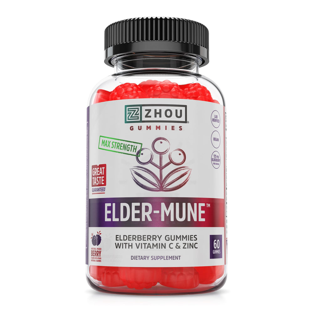 ZHOU Elder-Mune gummies jar close-up highlighting premium elderberry flavor