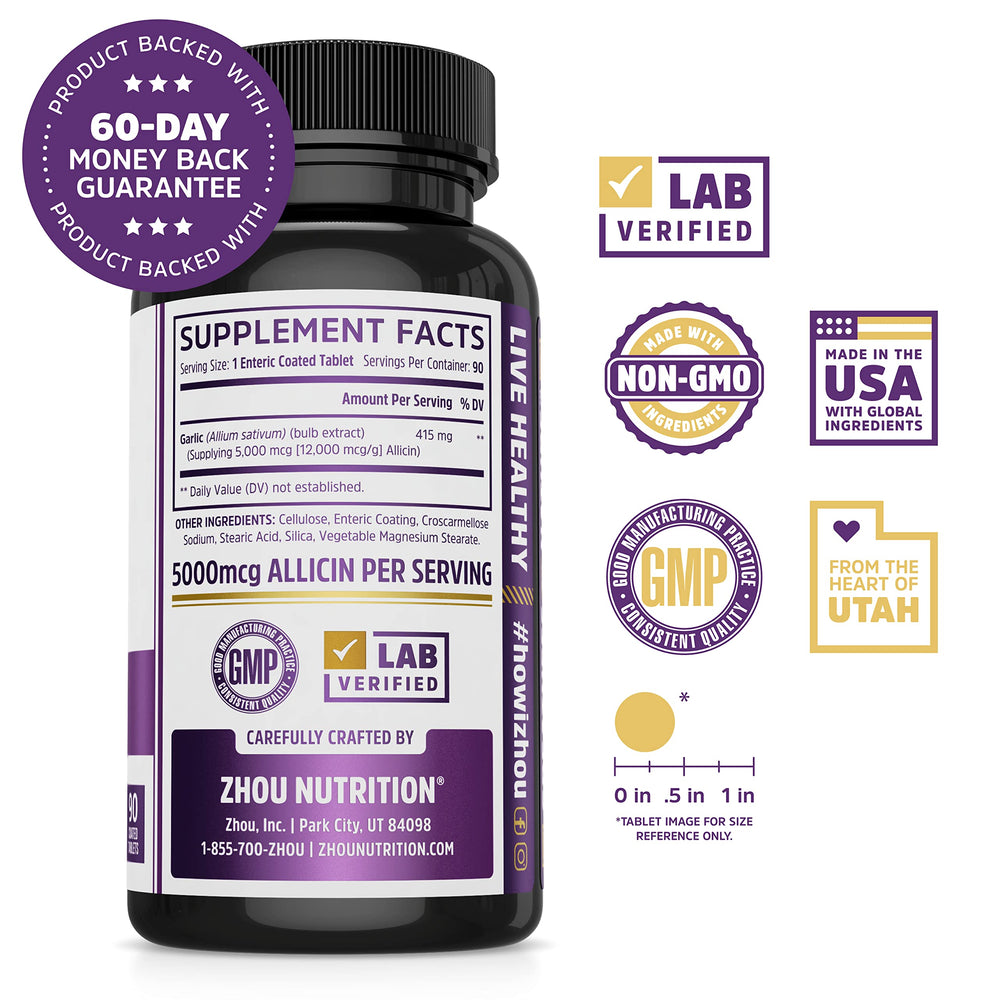 ZHOU Garlic with Allicin coated tablets visible in bottle protect allicin during digestion.