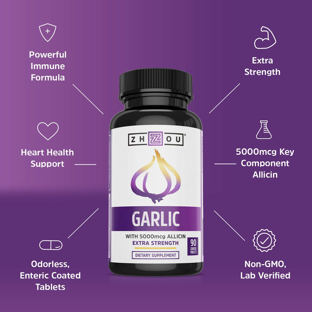 ZHOU Garlic with Allicin 5000 mcg per tablet highlighting potent potential.