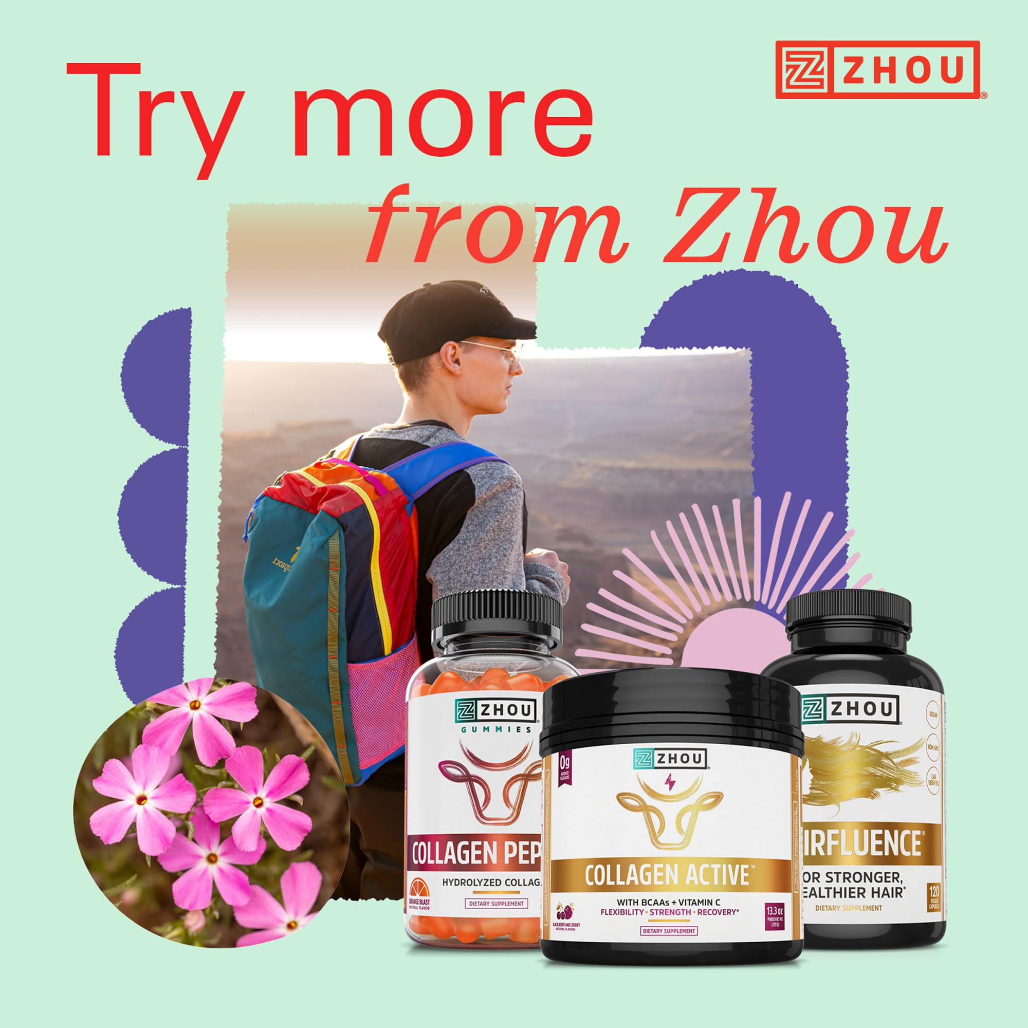 Zhou Hairfluence vegan capsules emphasize plant-based nutrition for nails and skin.