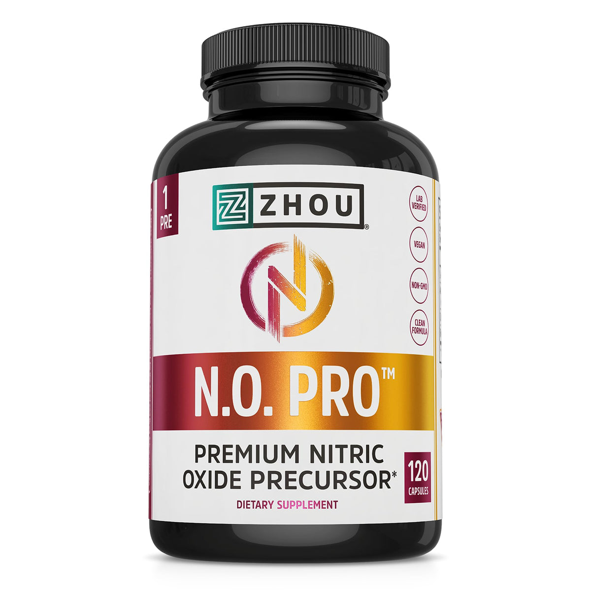 Zhou N.O. Pro bottle front for daily nitric oxide support during activity.