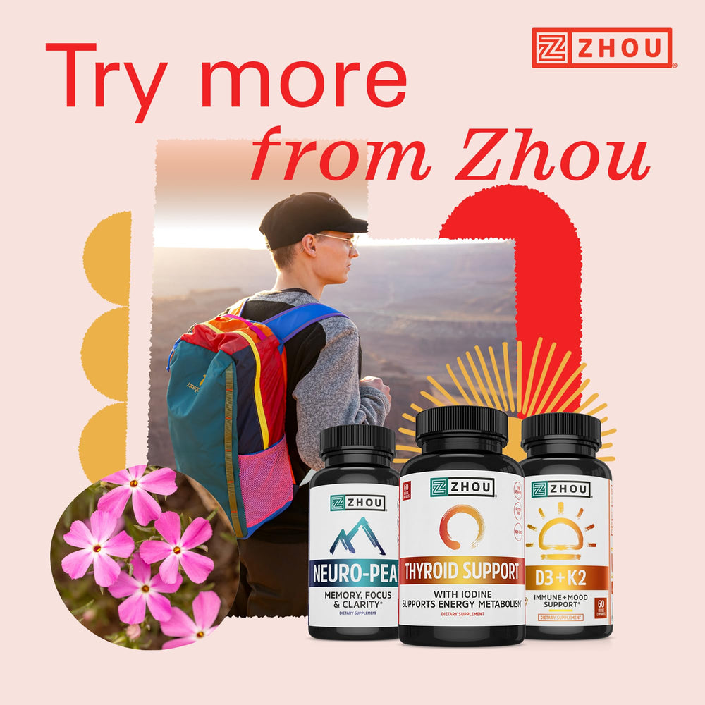 ZHOU Thyroid Support ingredients panel highlights iodine and ashwagandha for balance.