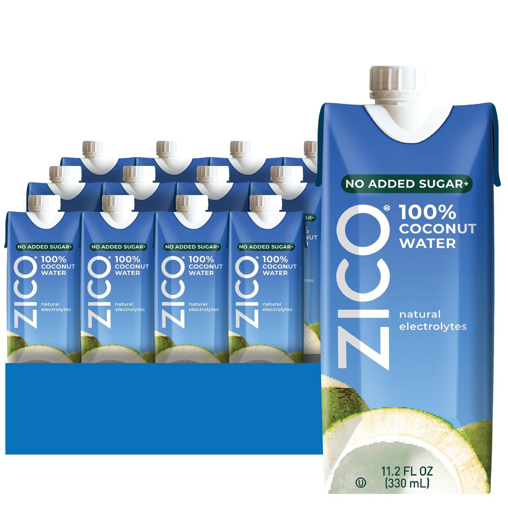 ZICO 100% coconut water bottle showing natural hydration with electrolytes.