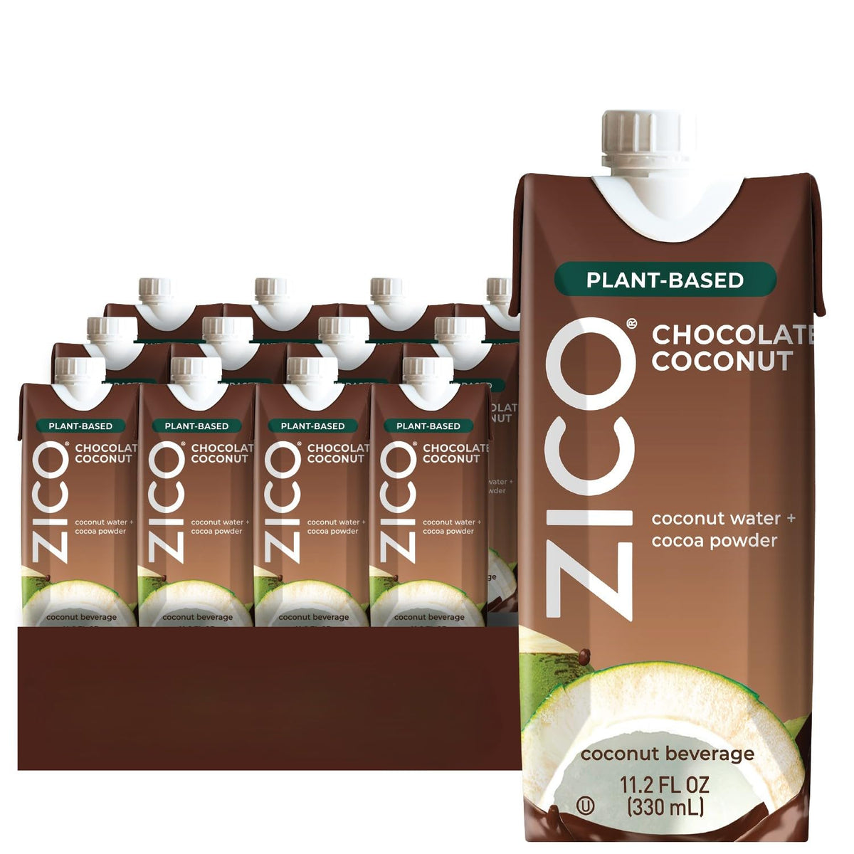 ZICO chocolate coconut water bottle highlights dairy-free indulgence with real cocoa