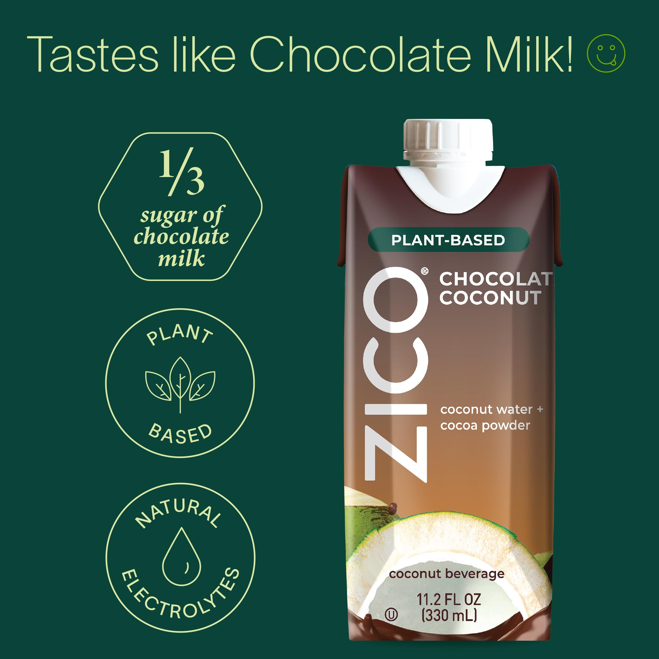 ZICO chocolate coconut water glass showcases a plant-based, chocolate-flavored refreshment
