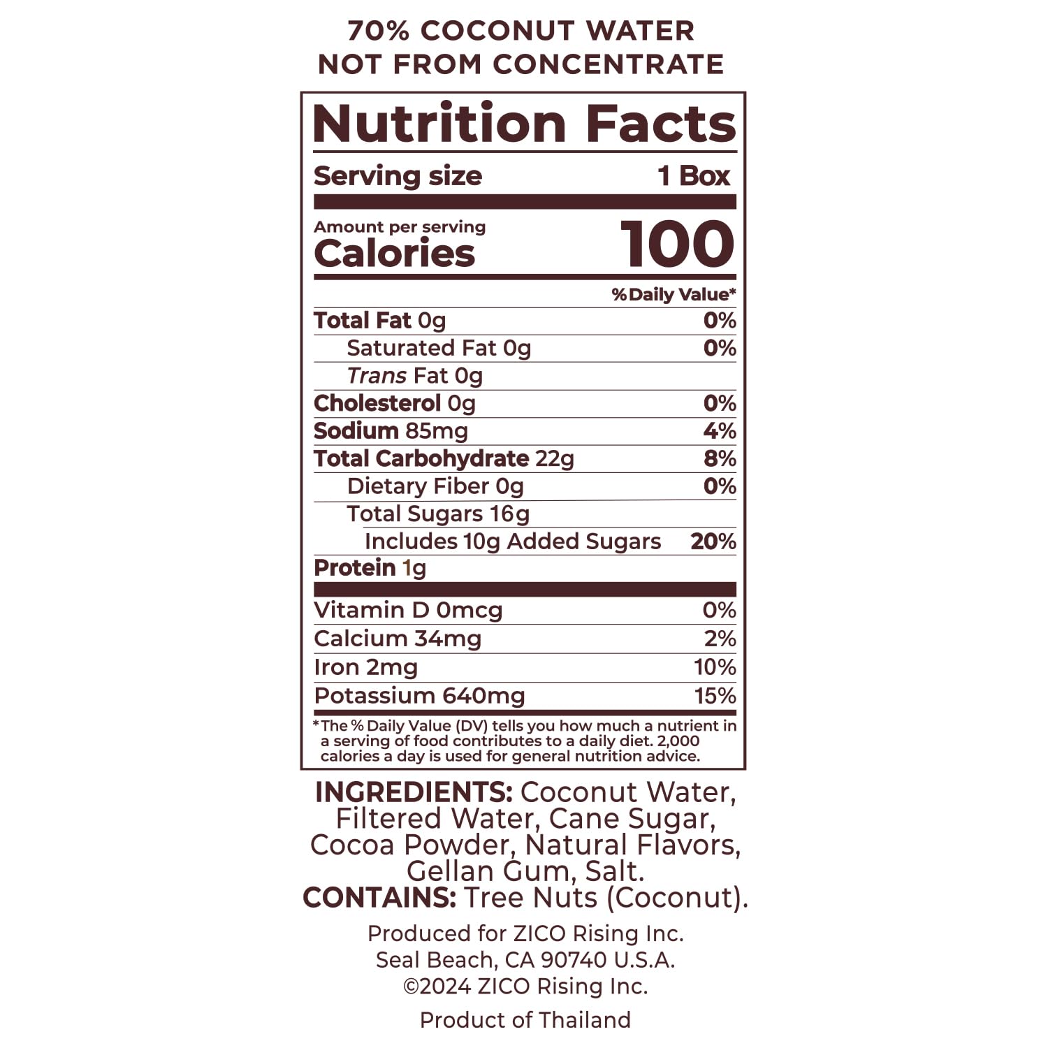ZICO chocolate coconut water pour emphasizes smooth texture and electrolyte hydration