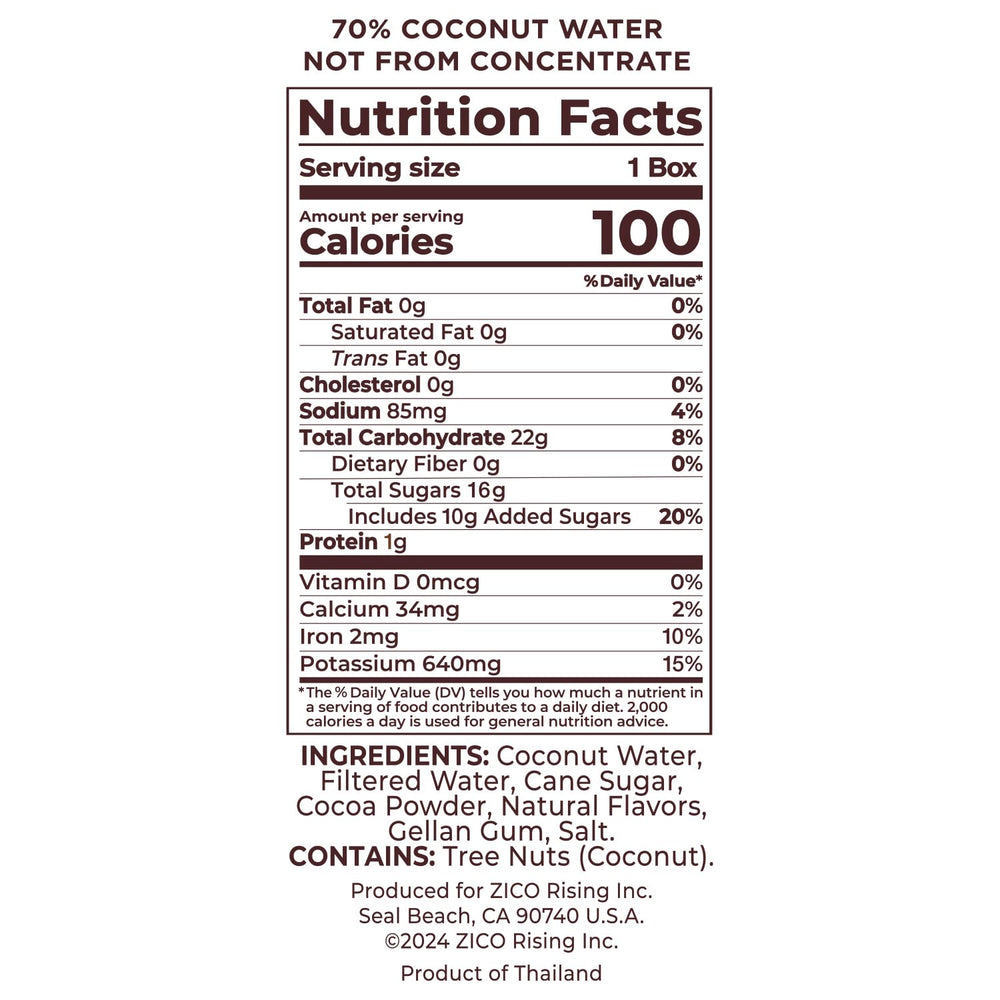 ZICO chocolate coconut water pour emphasizes smooth texture and electrolyte hydration
