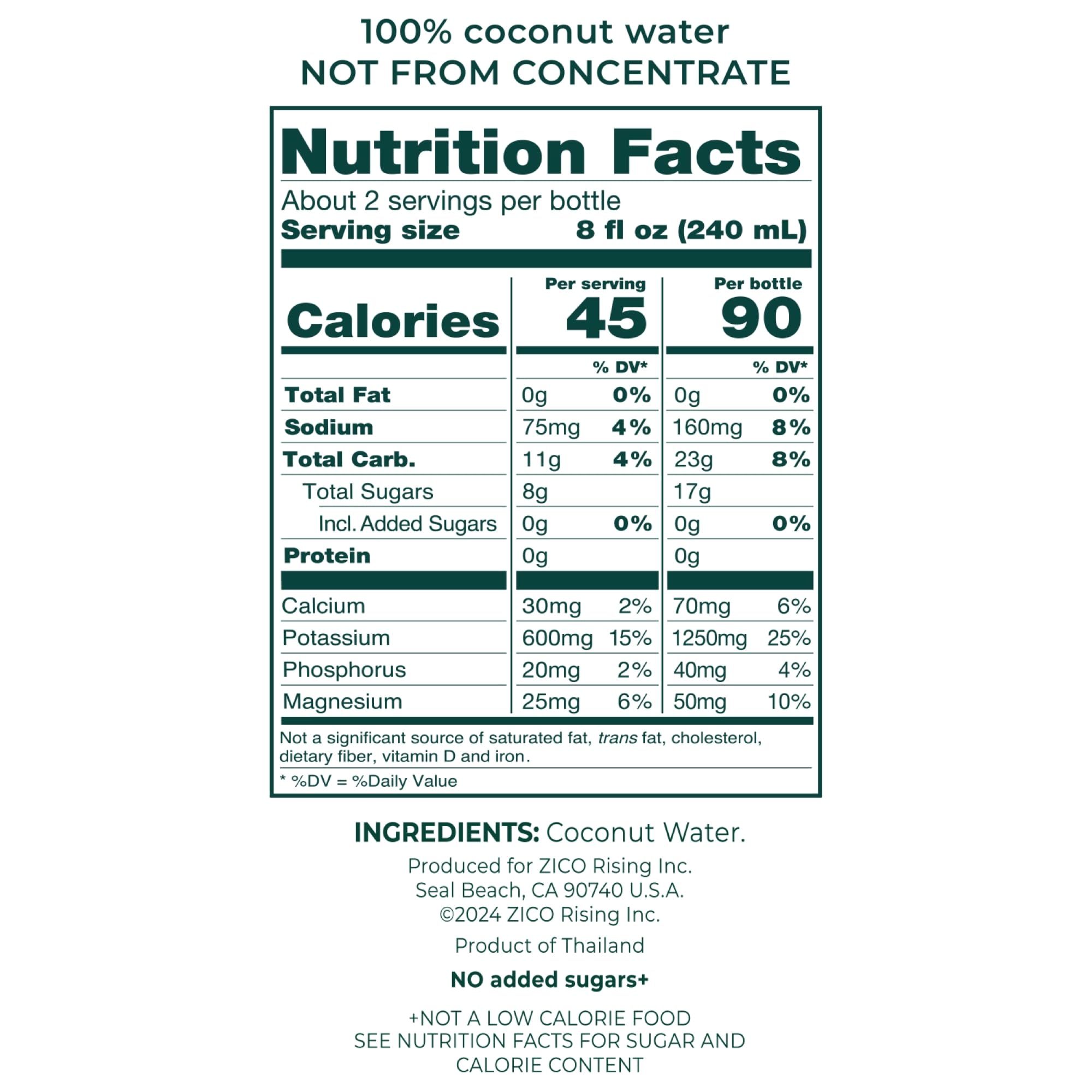 ZICO no added sugar label shows pure coconut water, a lighter option.