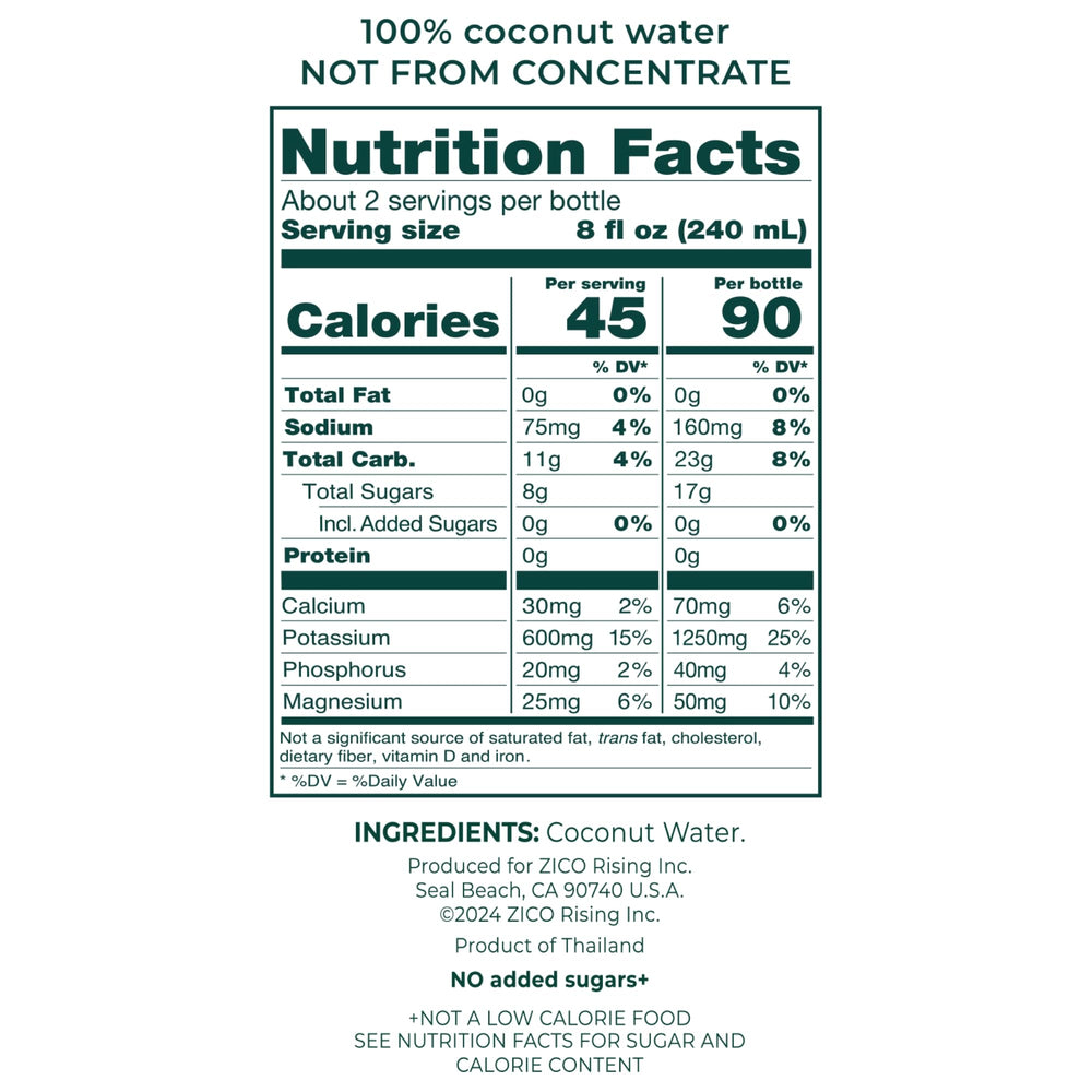 ZICO no added sugar label shows pure coconut water, a lighter option.