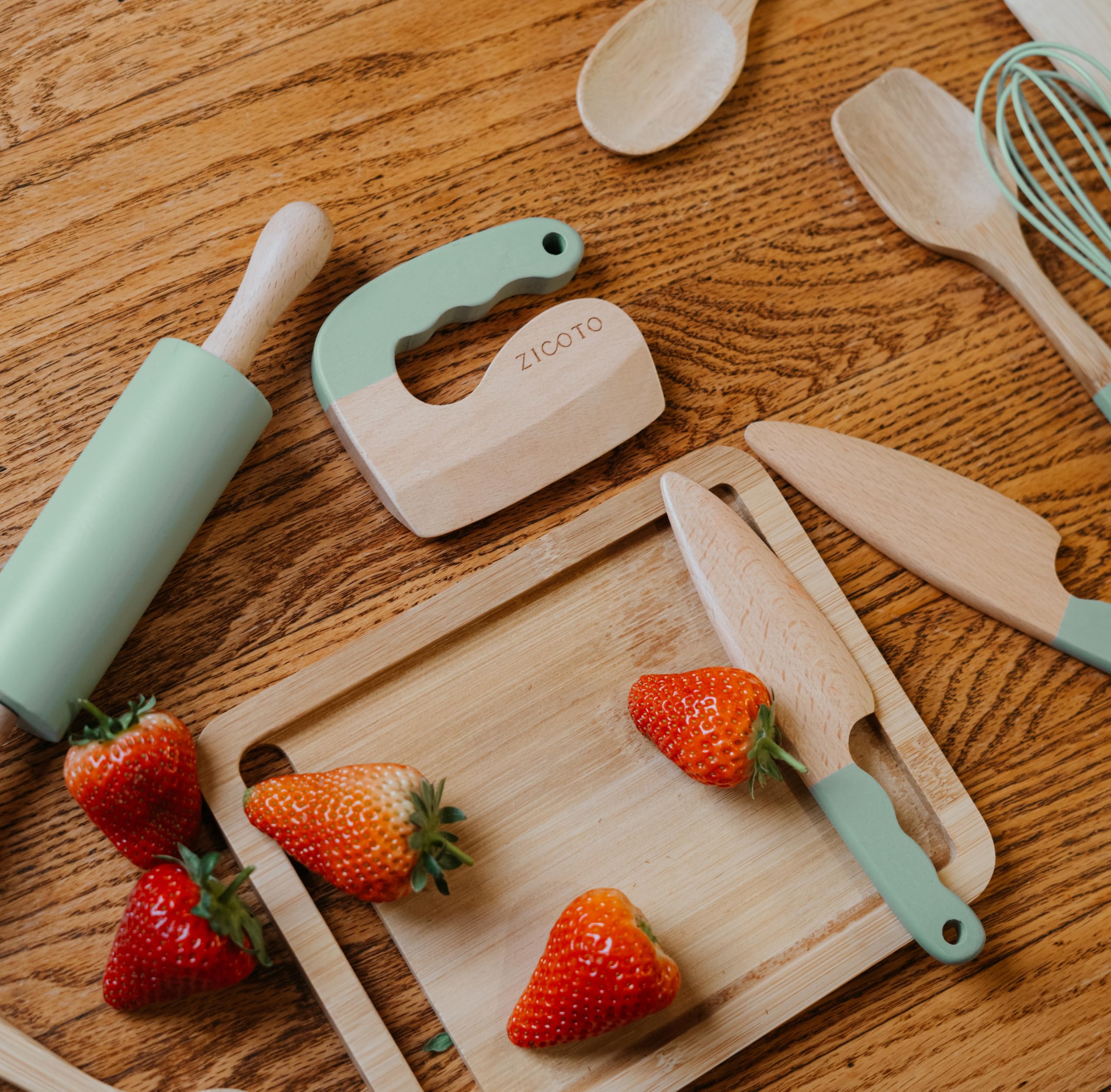 ZICOTO cutting board and wooden chopper for kid-safe prep sessions.
