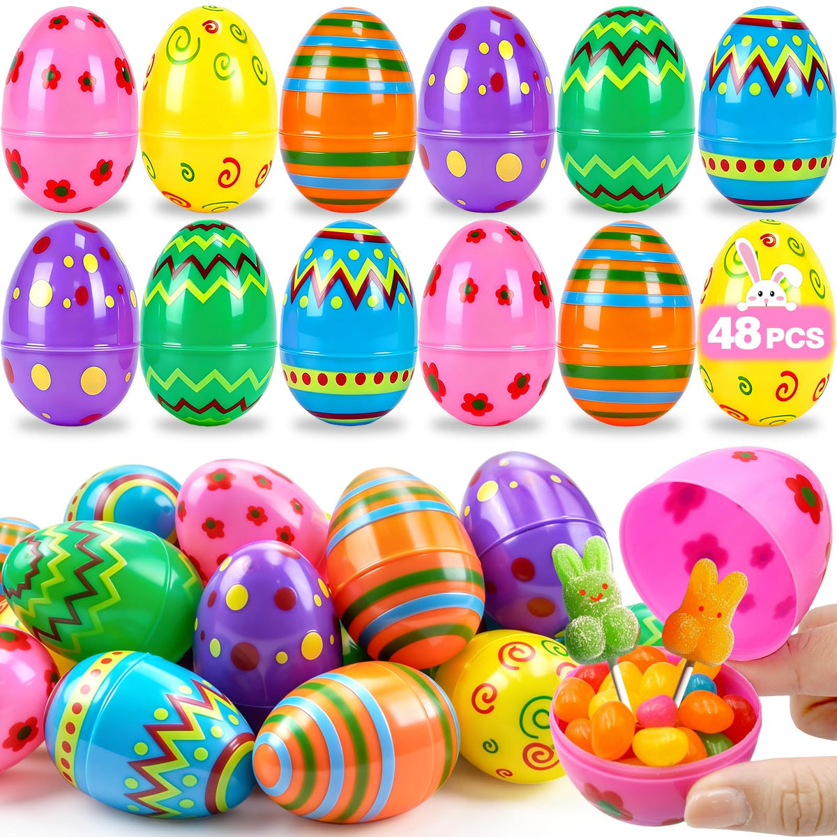ZICZLI 48-piece bulk Easter eggs in vibrant colors, perfect for egg hunts.