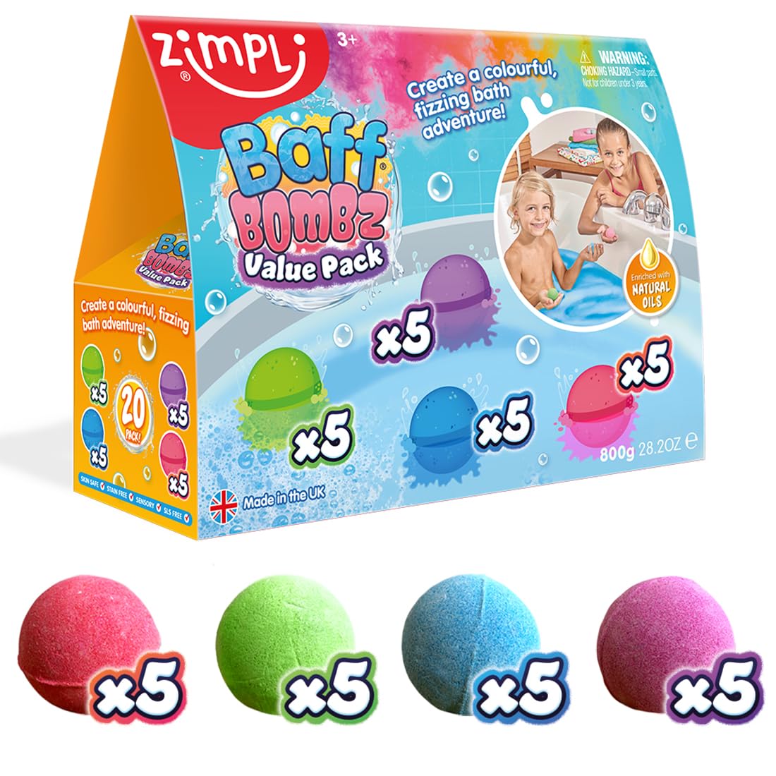 Zimpli Kids Baff Bombz with apple scent fizz for colorful bath time fun.