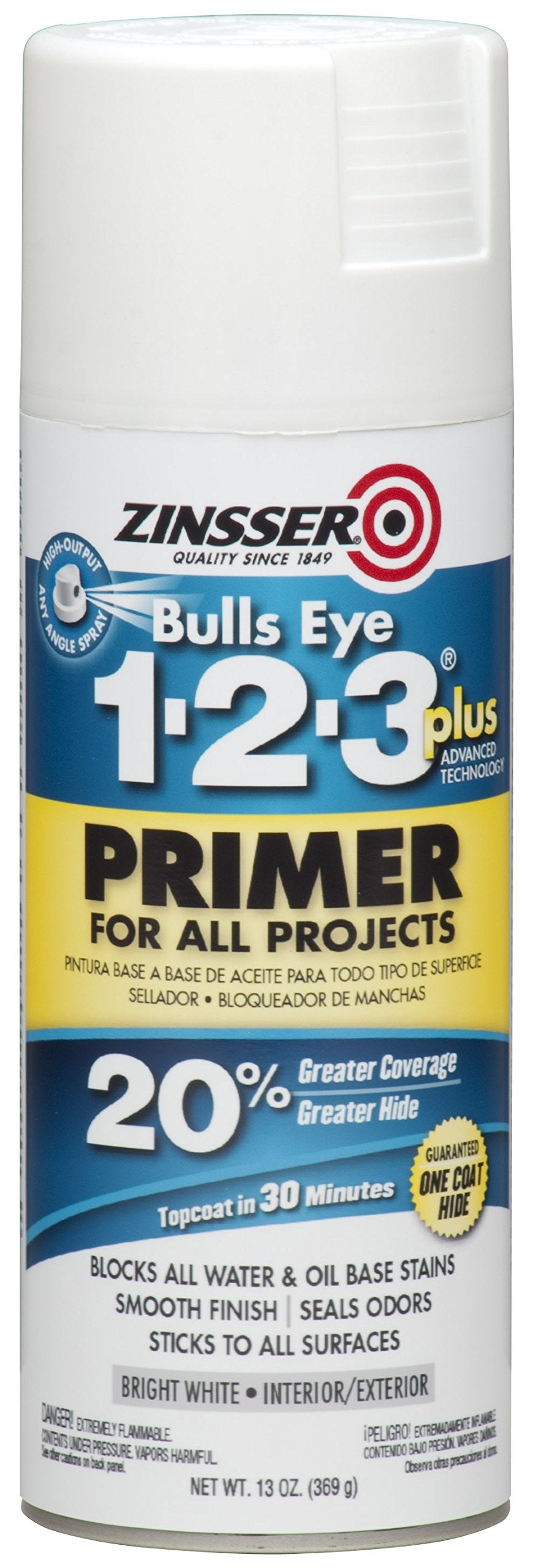 Zinsser Bulls Eye 1-2-3 Plus spray primer can seal surfaces smoothly for interior and exterior projects