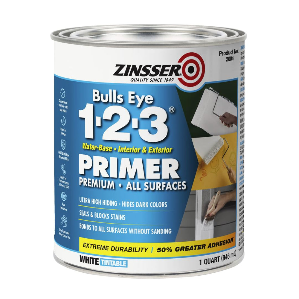 Zinsser Bulls Eye 1-2-3 primer bottle ready for indoor and outdoor projects