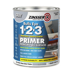 Zinsser Bulls Eye 1-2-3 gray primer can ready for interior or exterior surfaces, improves hide.