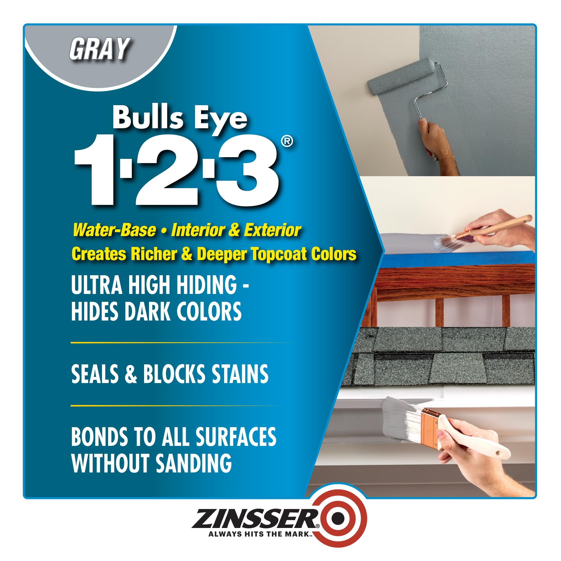Zinsser Bulls Eye 1-2-3 gray primer label shows stain blocking capability for tough jobs.