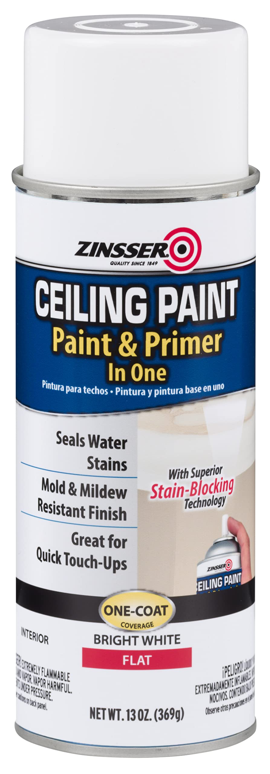 Zinsser Ceiling Paint & Primer in One spray can for quick ceiling touch-ups and stain blocking.