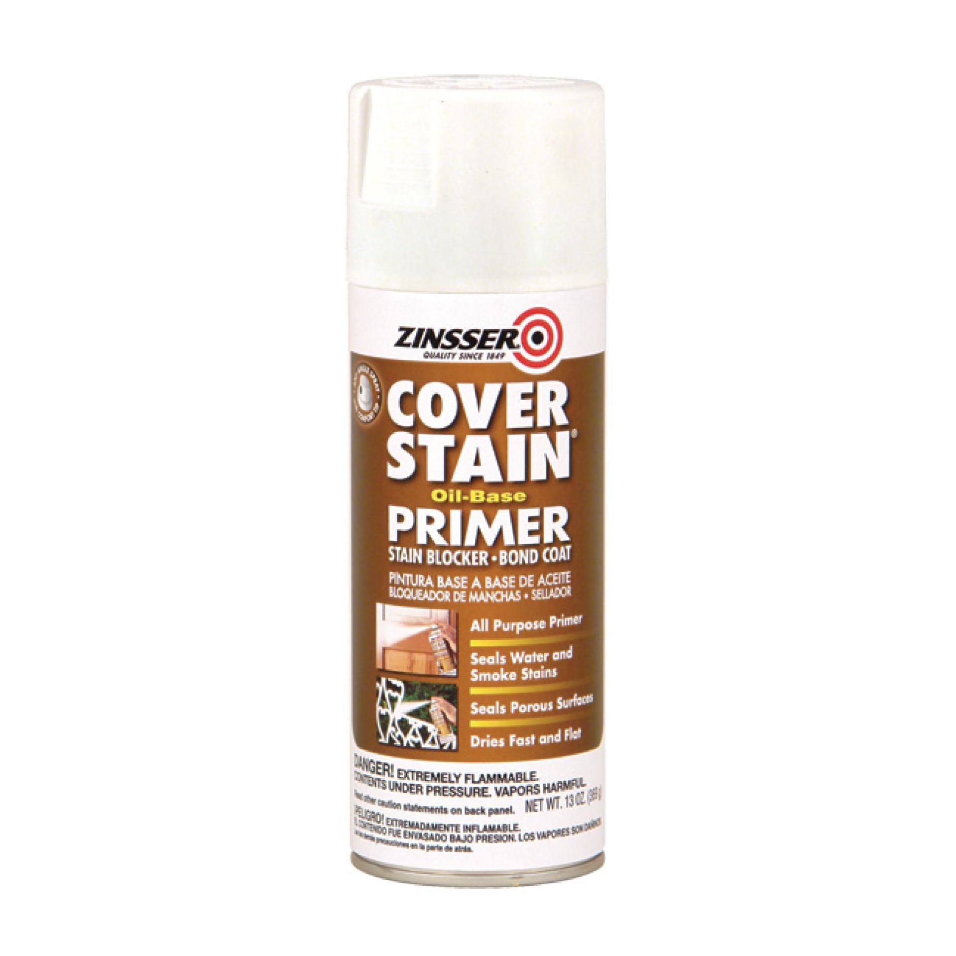 Zinsser Cover-Stain spray can 3608 white primer delivering high hiding and stain blocking
