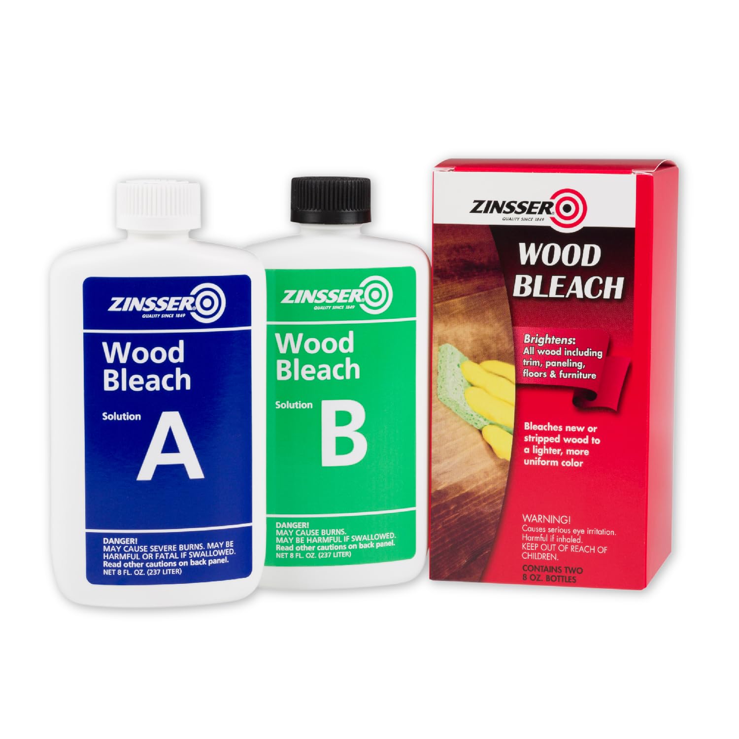 Zinsser Wood Bleach Kit bottle close-up brightens interior wood surfaces.