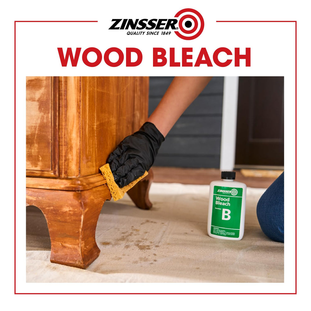 Zinsser Wood Bleach Kit label shows safety notes and instructions.