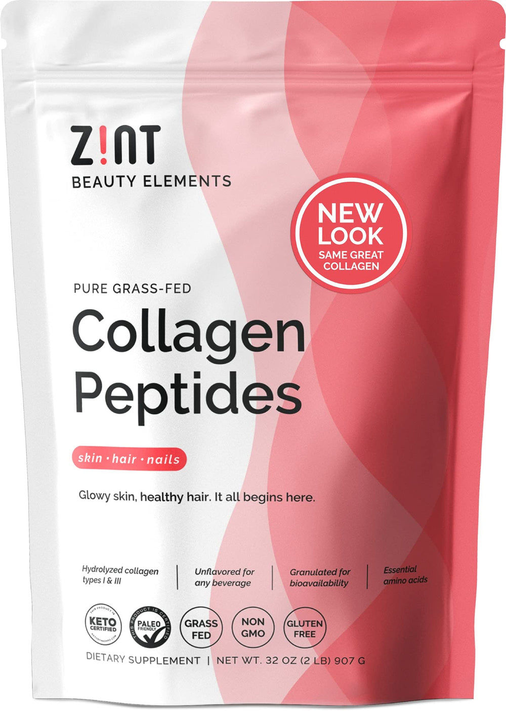 Zint Collagen Peptides bottle shows grass-fed formula for skin and joints support.