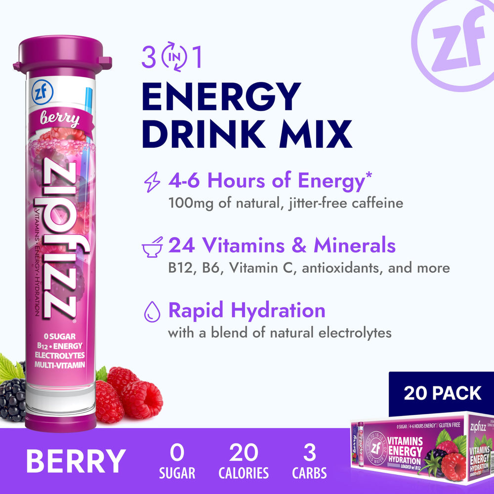 Zipfizz Berry dissolving in water for a quick hydration and berry flavor boost.