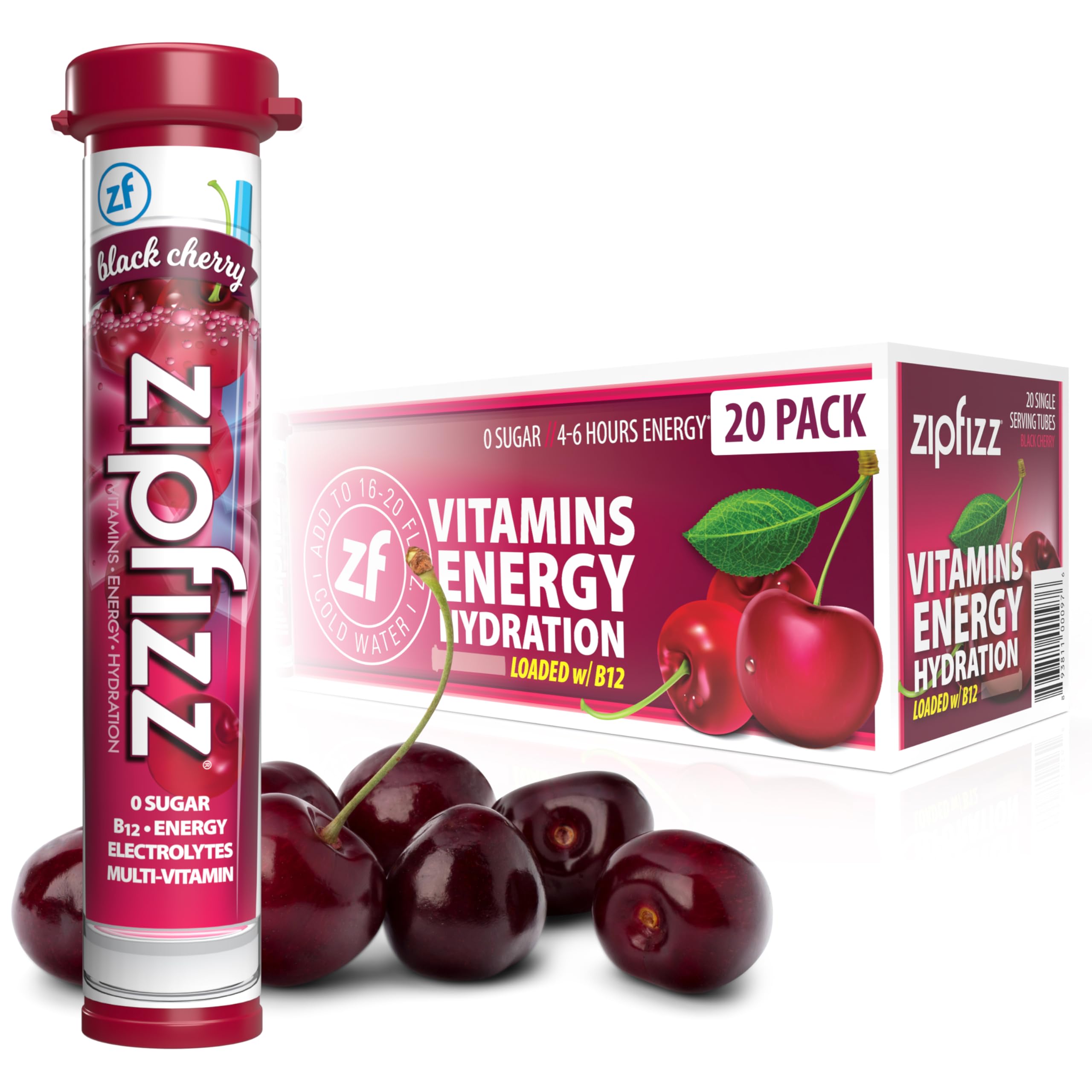 Zipfizz black cherry powder packet for a sugar-free energy boost.