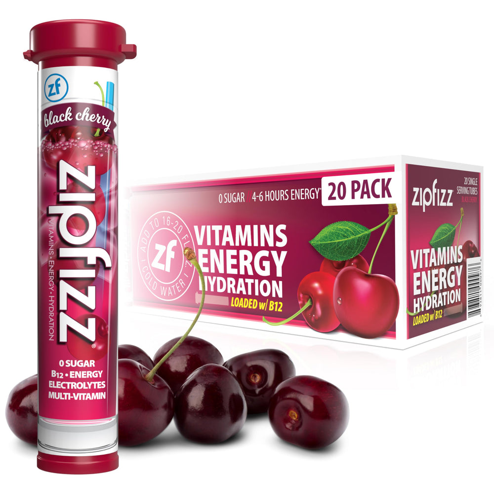 Zipfizz black cherry powder packet for a sugar-free energy boost.