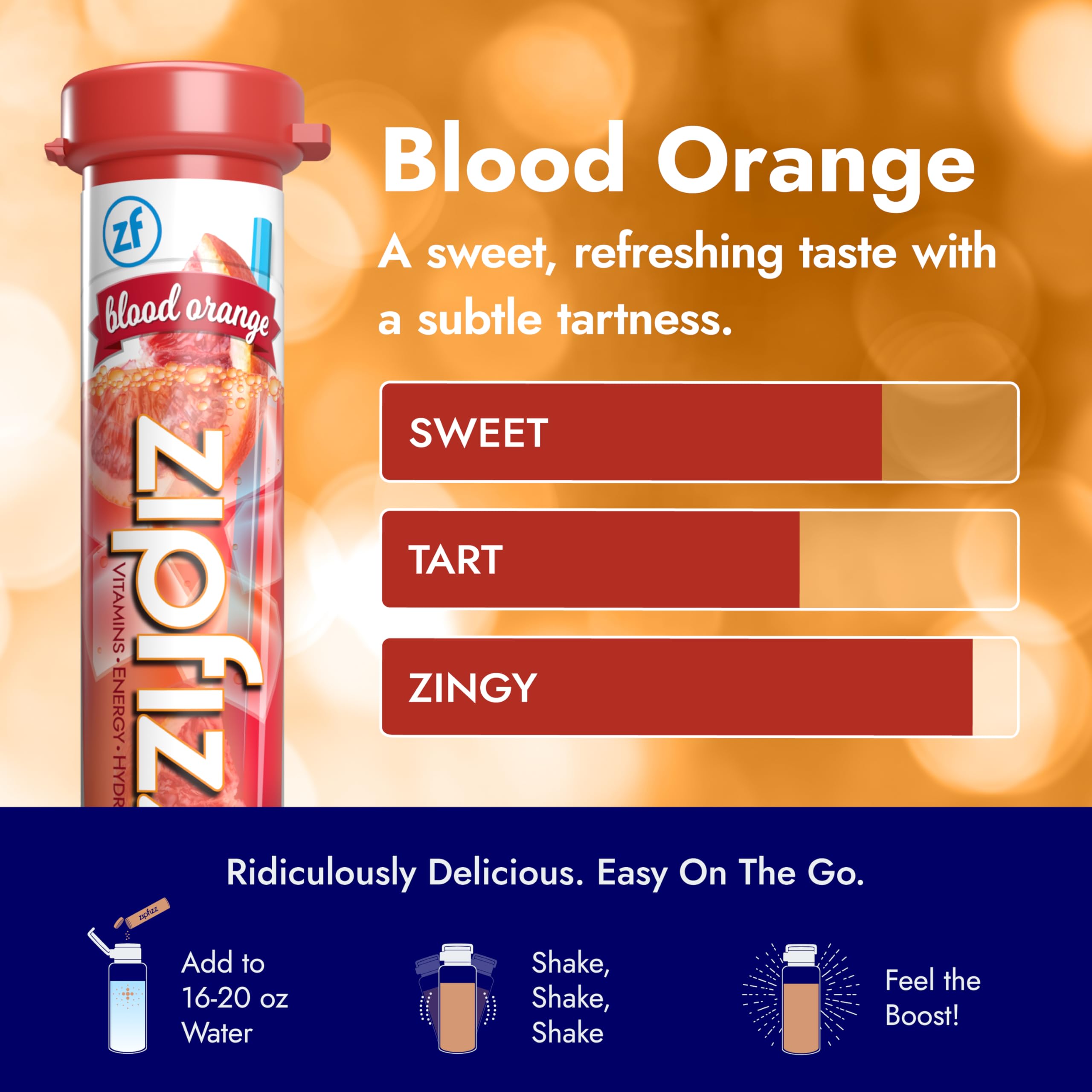 Zipfizz Blood Orange powder dissolving into water for a quick refreshed drink.