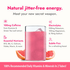 Zipfizz bottle beside a glass of prepared drink for daily hydration.