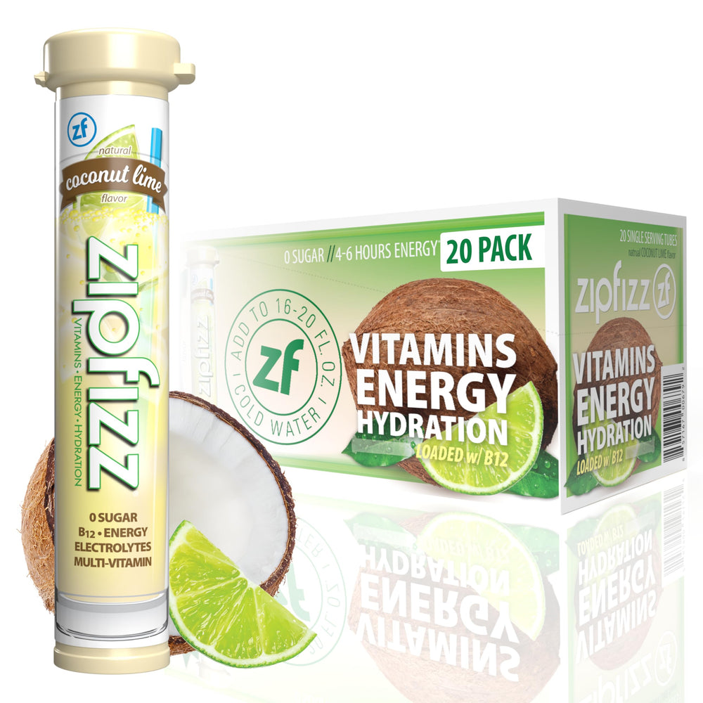 Zipfizz Coconut Lime powder in a tub for refreshing hydration.