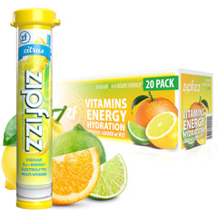 Zipfizz citrus energy powder packet dissolving in water for sustained energy