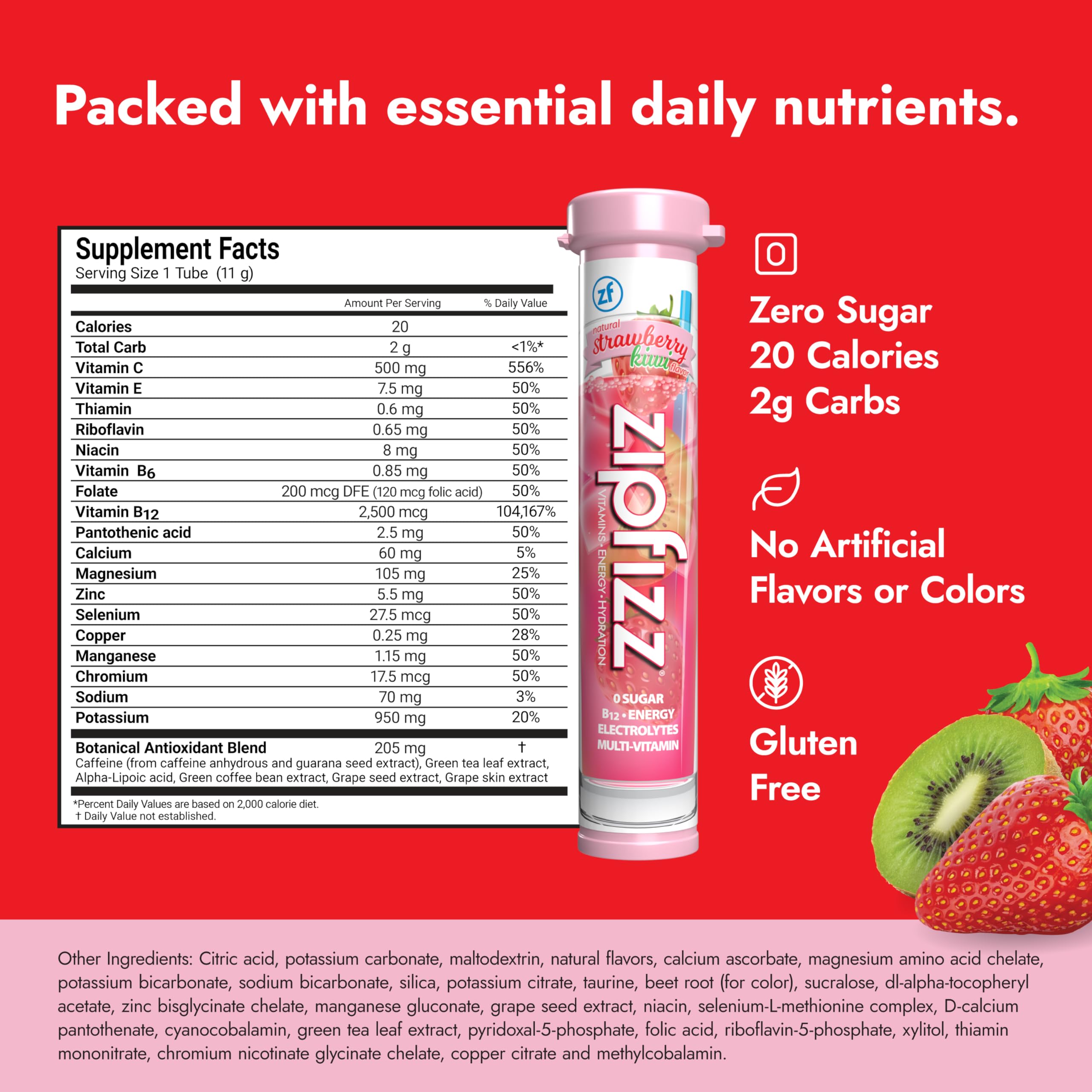 Zipfizz daily energy powder strawberry kiwi in a glass showing rapid hydration