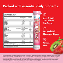 Zipfizz daily energy powder strawberry kiwi in a glass showing rapid hydration