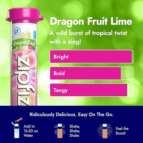 Zipfizz dragon fruit lime flavor close-up showing a sugar-free label.