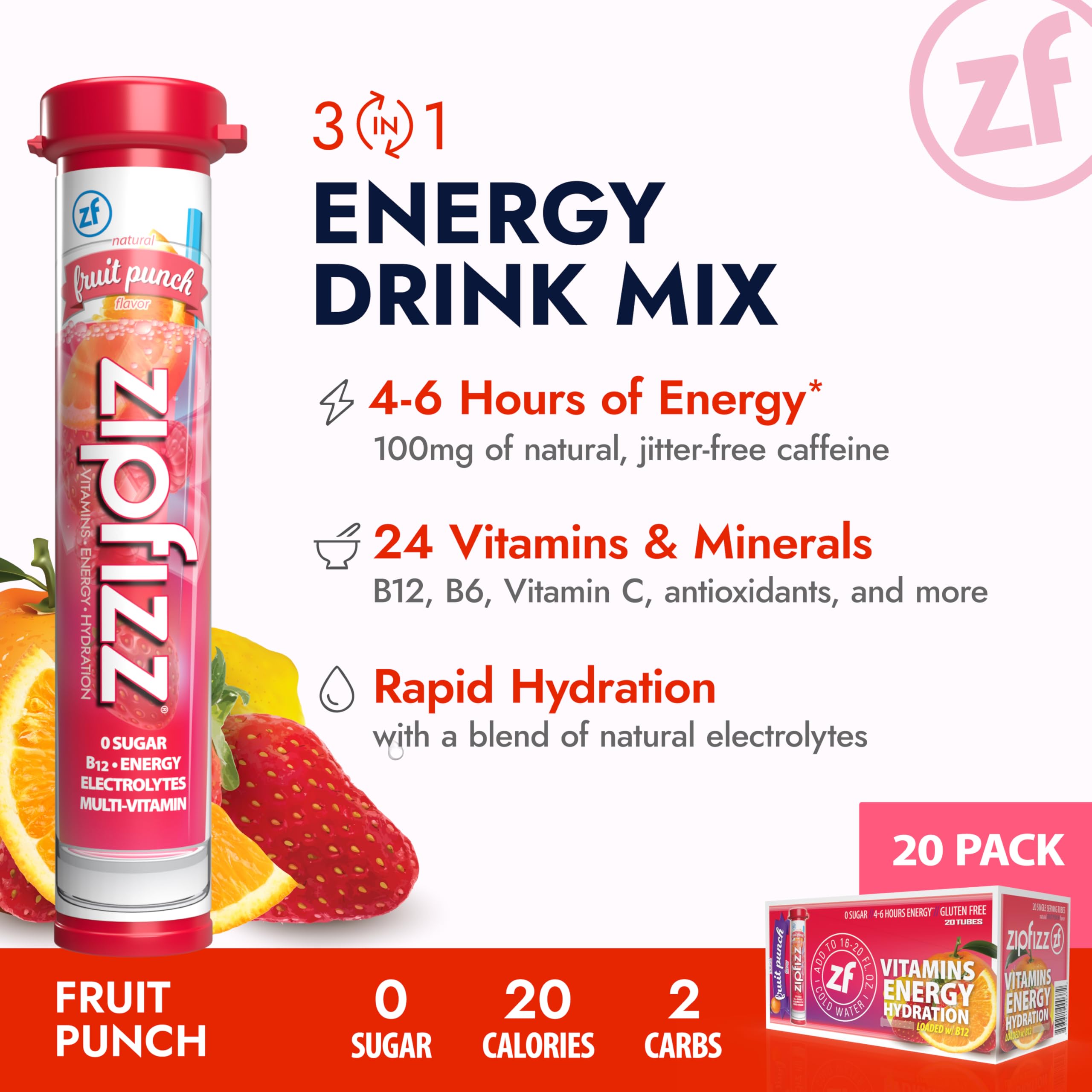 Zipfizz Fruit Punch dissolving in water for quick hydration.