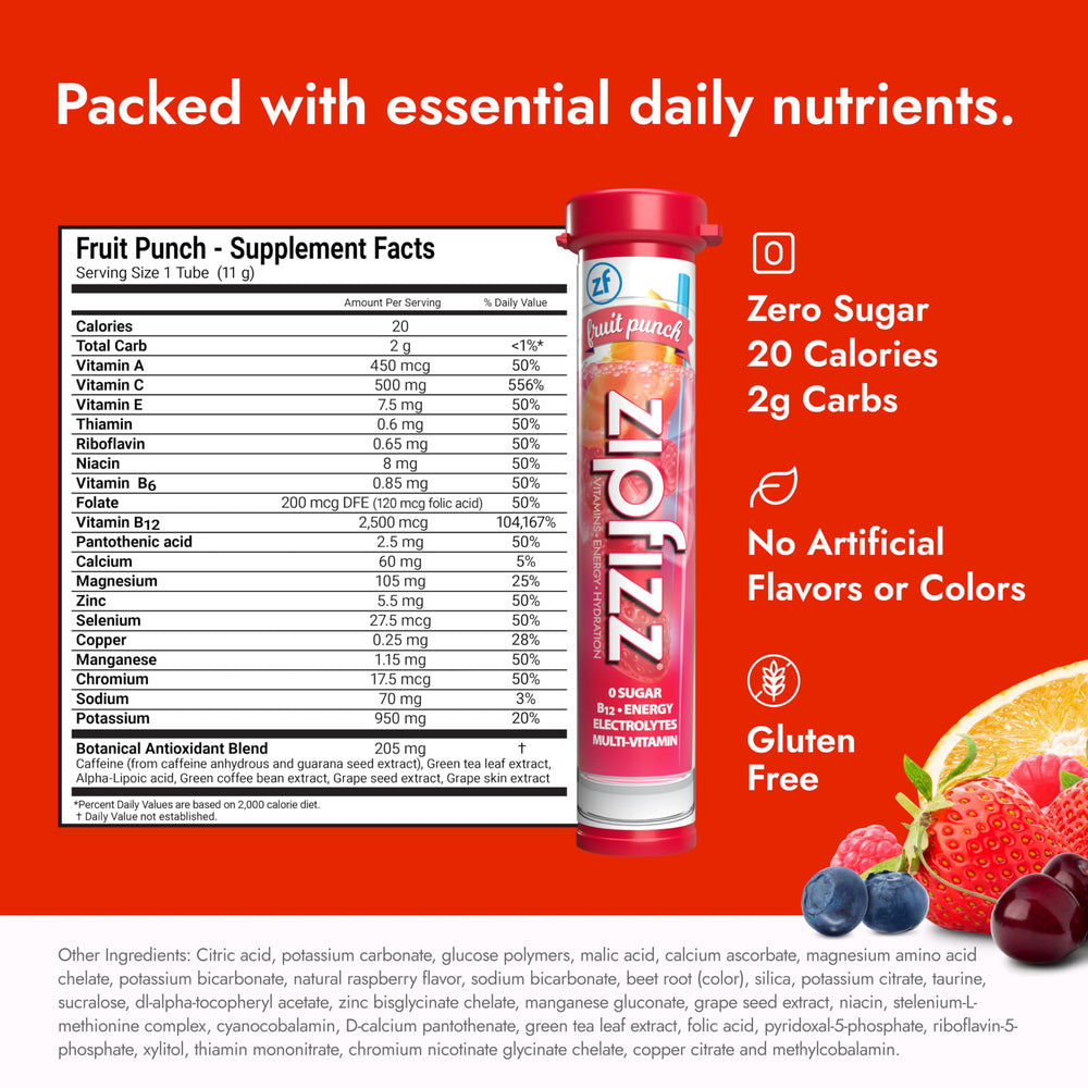 Zipfizz Fruit Punch ingredients panel emphasizing natural ingredients.