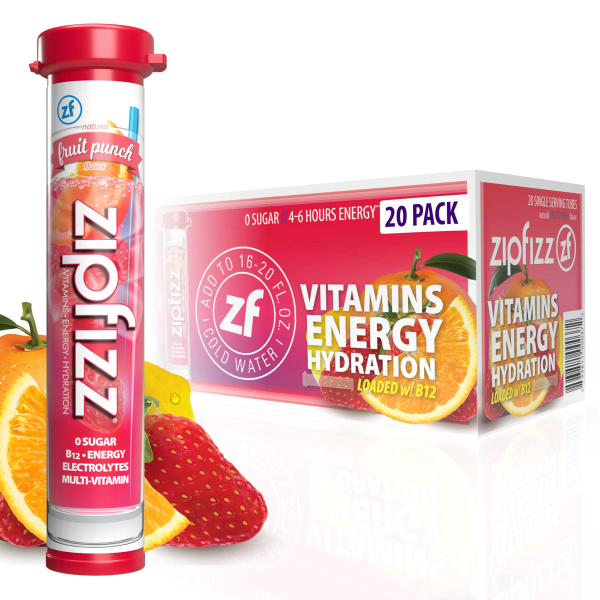 Zipfizz Fruit Punch tube ready to mix for a sugar-free energy boost.