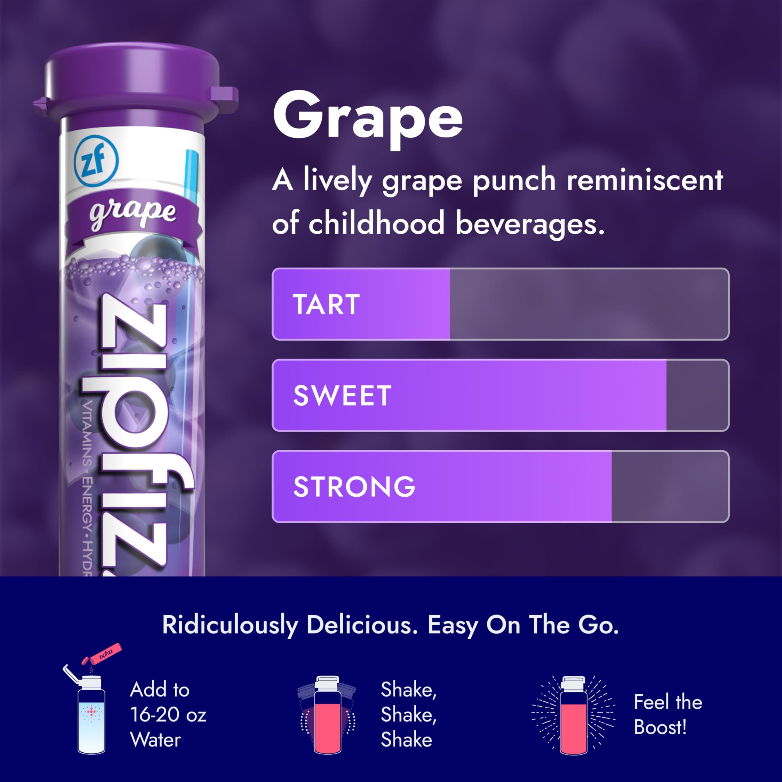 Zipfizz grape glass hydration highlights electrolytes and vitamins for workouts.