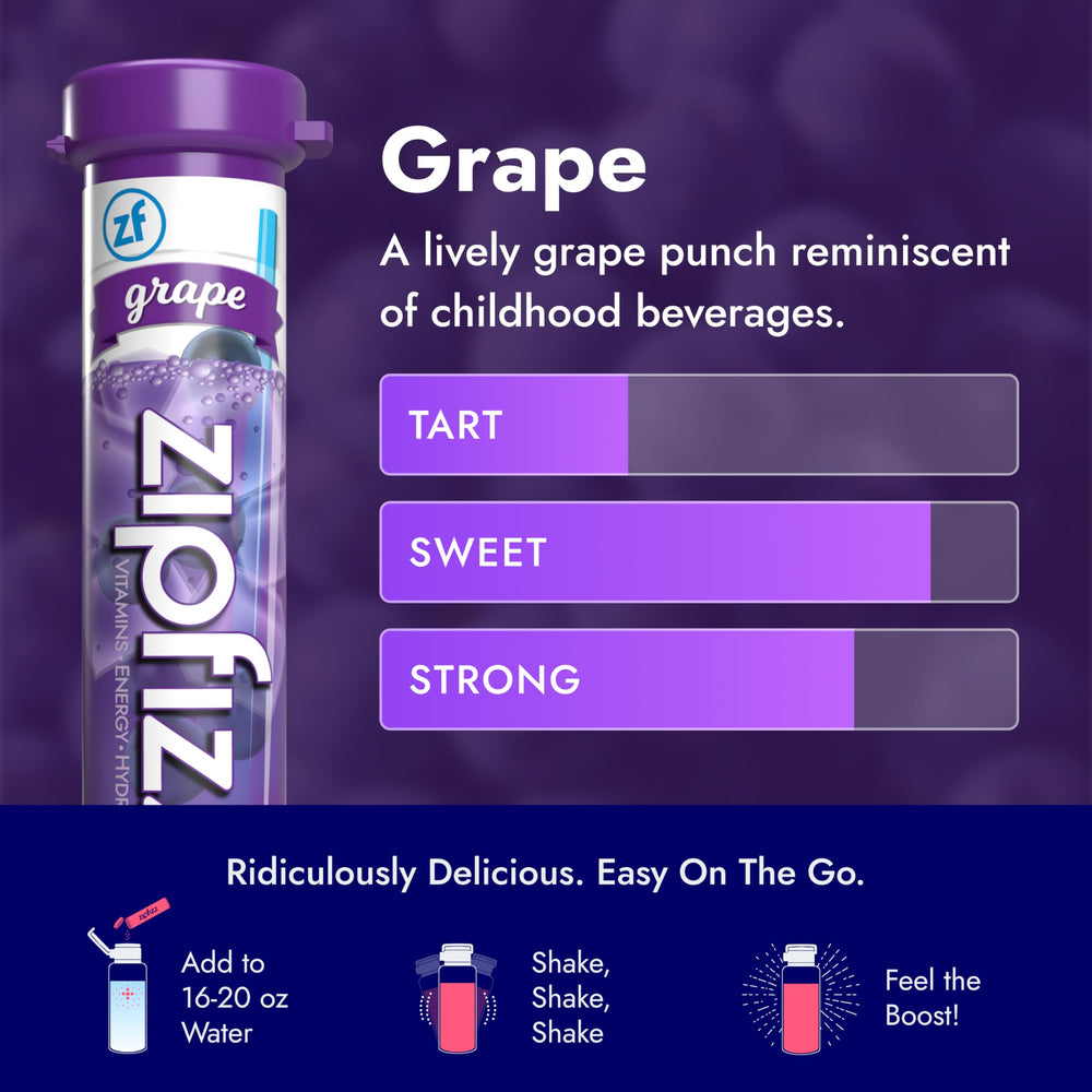 Zipfizz grape glass hydration highlights electrolytes and vitamins for workouts.