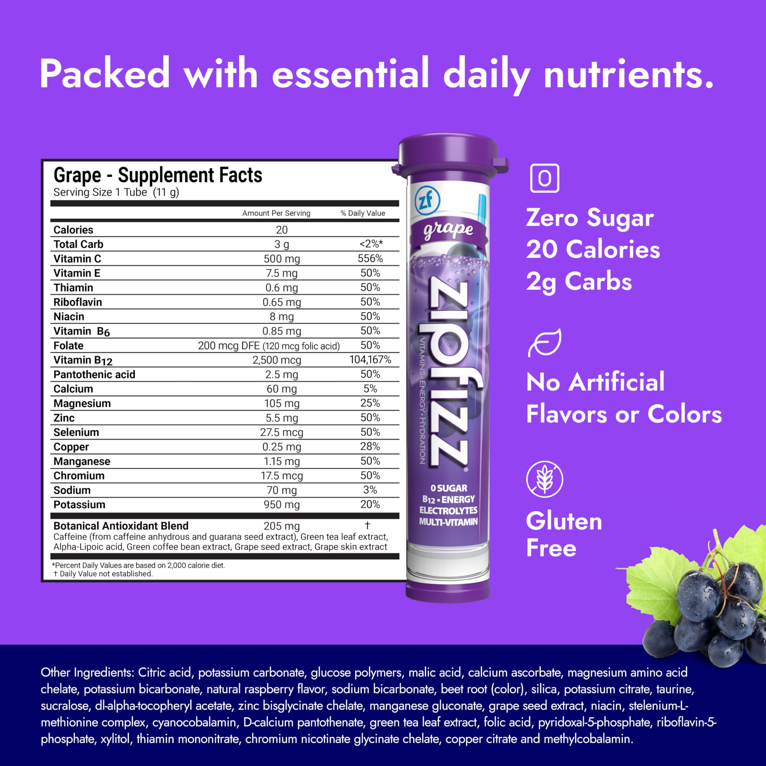 Zipfizz grape ingredients panel emphasizes natural nutrients and zero sugar.