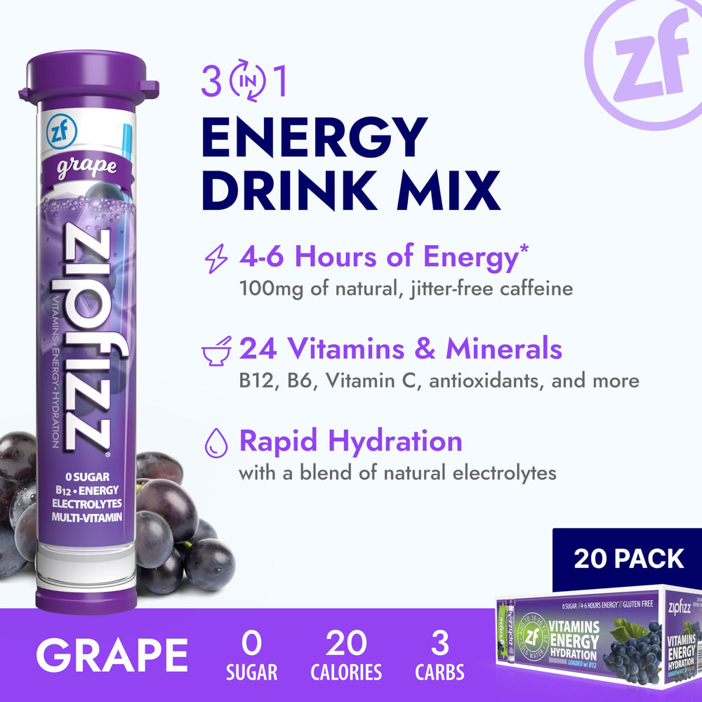 Zipfizz grape powder pouring into water highlights quick hydration and clean flavor.