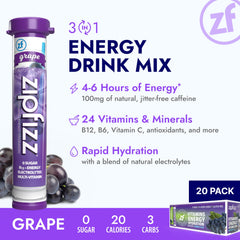 Zipfizz grape powder pouring into water highlights quick hydration and clean flavor.